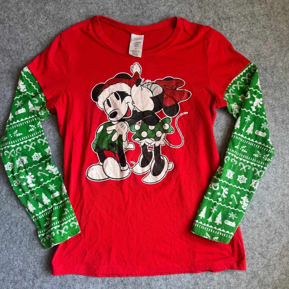 Disney Mickey Minnie Christmas Shirt XL 15/17 Red Green Long Sleeve Glitter Tee